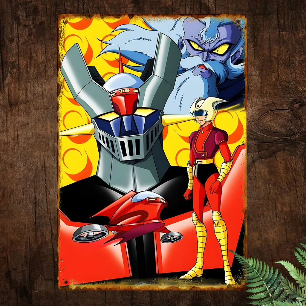 Vintage Aluminum Metal Sign Poster, Retro Robot-Themed Artwork Featuring Dynamic Heroic Character & Futuristic Red Car, Waterpro