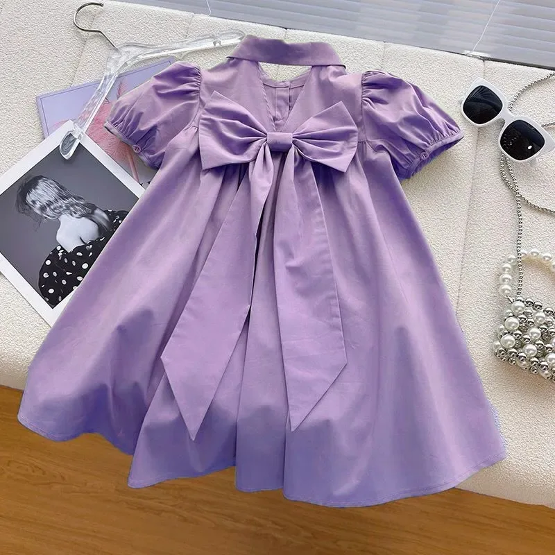 Big Size Summer Bow Decoration Teen-agers Girls Dress Small Lapel Design Casual Comfortable Princess Dress For 3-14 Years Kids