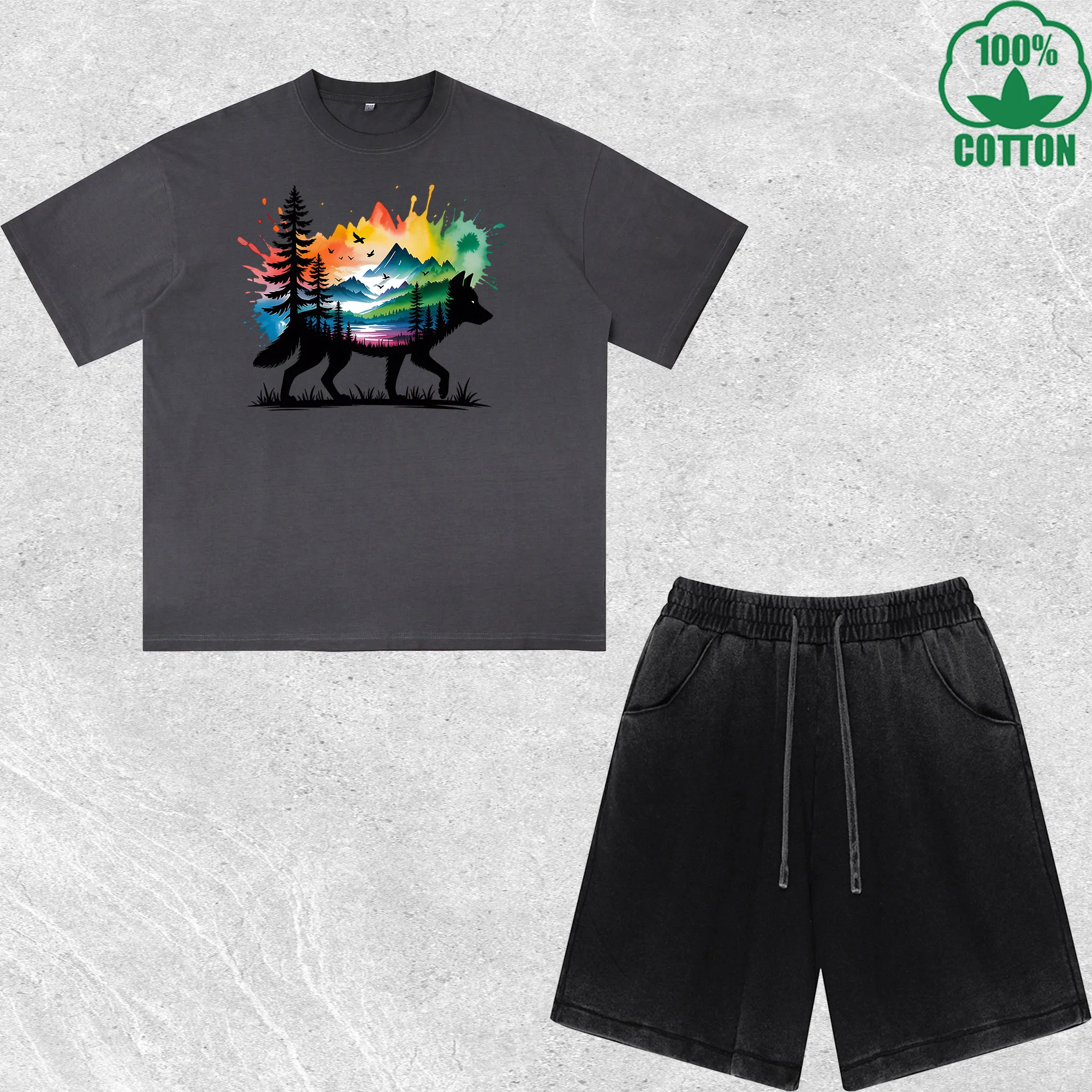 

Colorful Wolf Printed Dirty Wash T-Shirt Shorts Set Multicolor Combo Loose Trendy Fashionable 100%Cotton