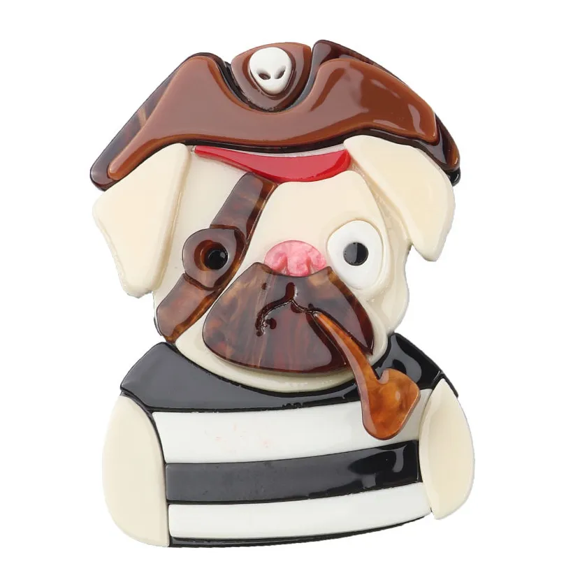 FishSheep Cute Pirate Dog Acrylic Broochs For Women Resin Animal Tobacco Pipe Safety Pins Brooch Handmade Christmas Gifts