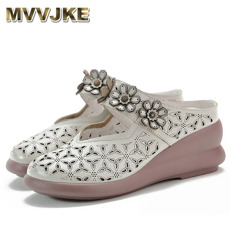 

New Comfortable Thick Heel Women's Slippers Hollow out Genuine Leather Slip-On Home Anti-Slip Mom Slippers Ethnic Style