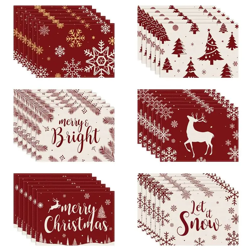 VIKAMA 2/4/6Pcs Christmas Placemats Set Snowflake Reindeer Xmas Tree Washable Heat‑Resistant Table Mats Dining Home Decor