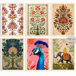 Vintage Indian Bohemian Folk Art Canvas Painting Floral Birds Animal Poster Prints for Living Room Wall Decor