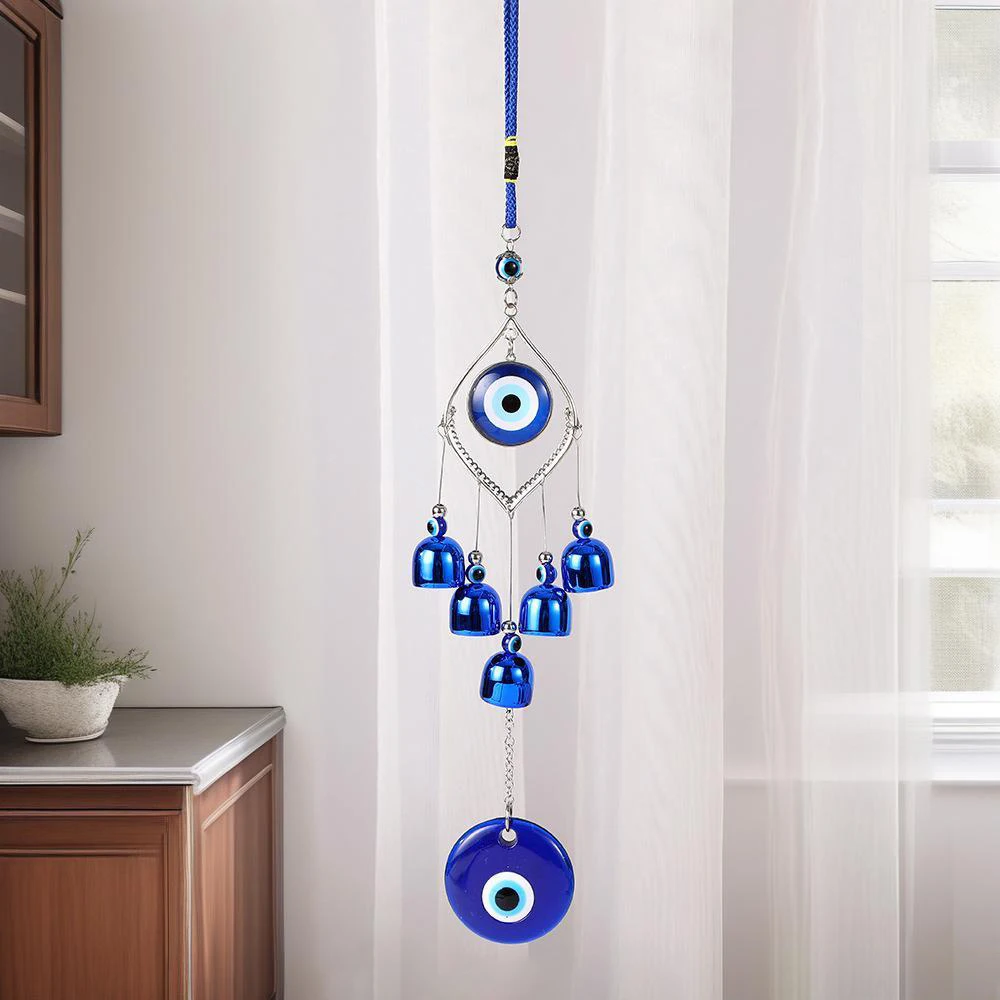 1 Piece of Blue Bell Devil's Eye Wind Chime for Windowsill, Wall, Porch, Garden Hanging Decoration, Home Protection Ornament