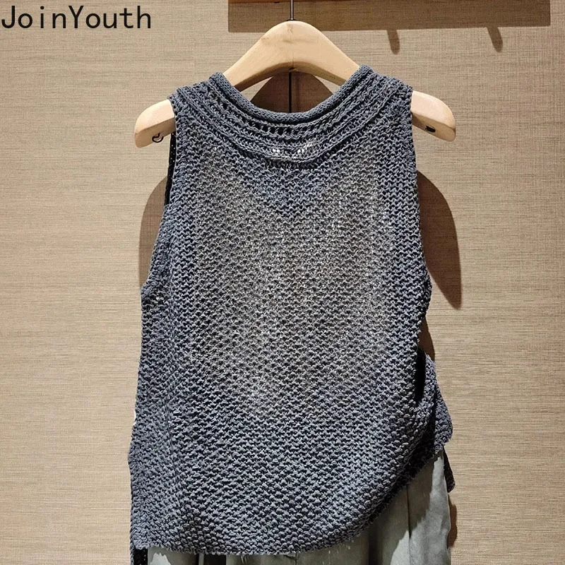 Fashion Crop Top Women Clothing Sleeveless O-neck Summer Tanks 2024 Ropa Mujer Casual Korean Camis Loose Hollow Out Knit Vest