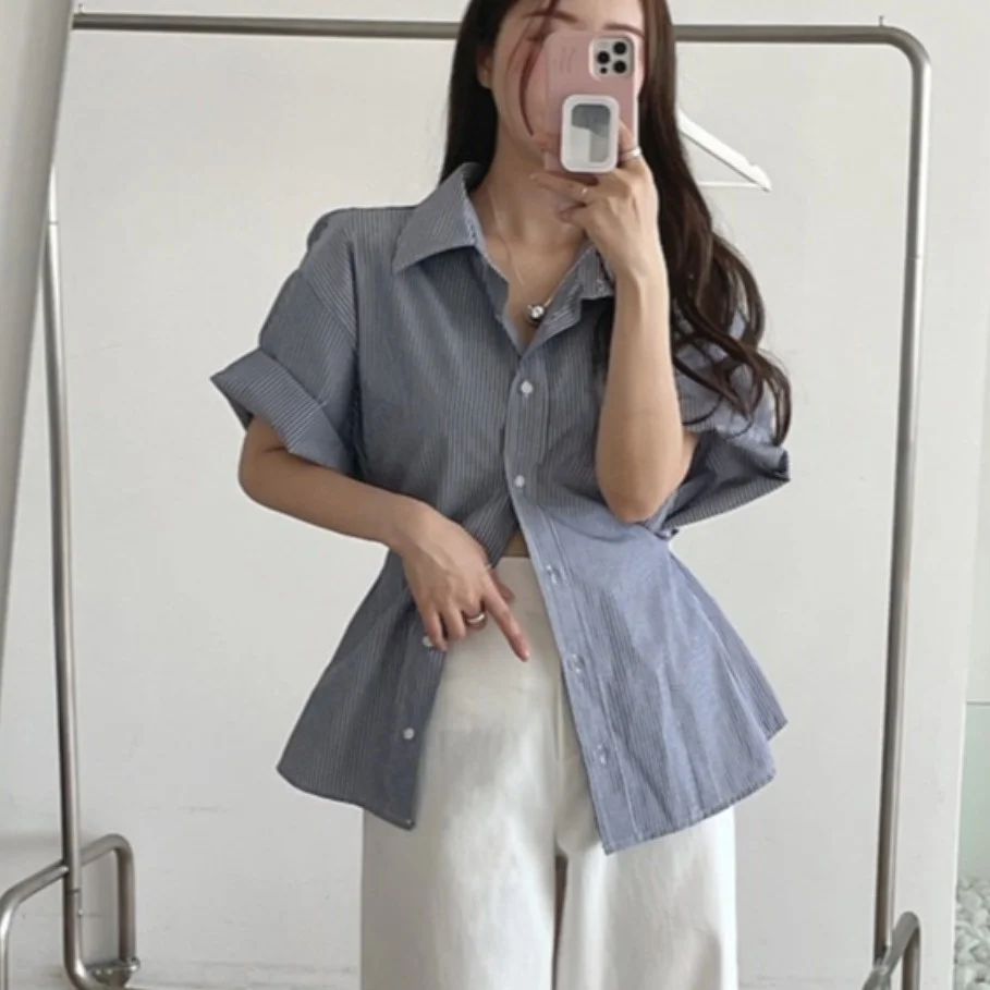 

Chic Summer Slim Fit Women's Shirt Collar Short Sleeve Striped Single Button Cotton Polyester Korean Style Breathable