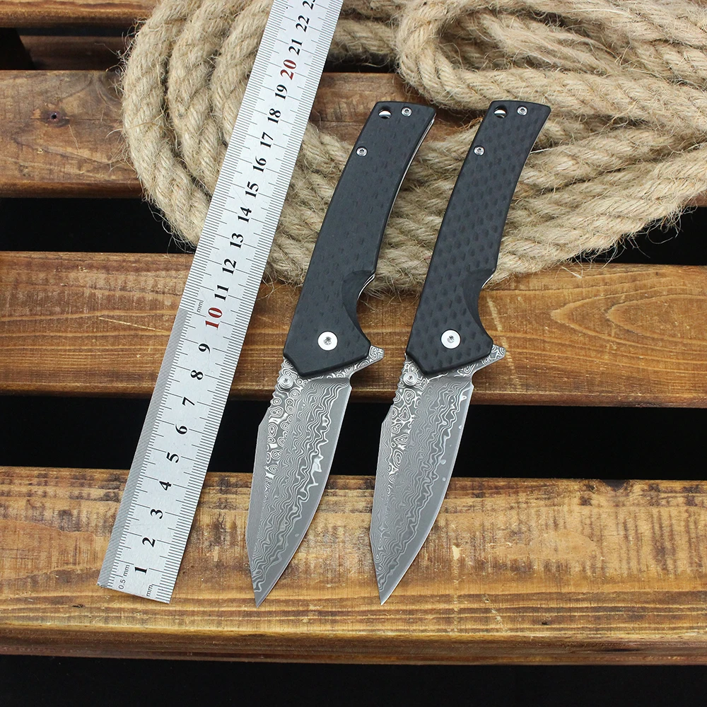 높은 경도 60HRC 다마스커스 접이식 칼 군사 전술 칼 탄소 섬유 손잡이 원래 야외 사냥 칼 잭나이프