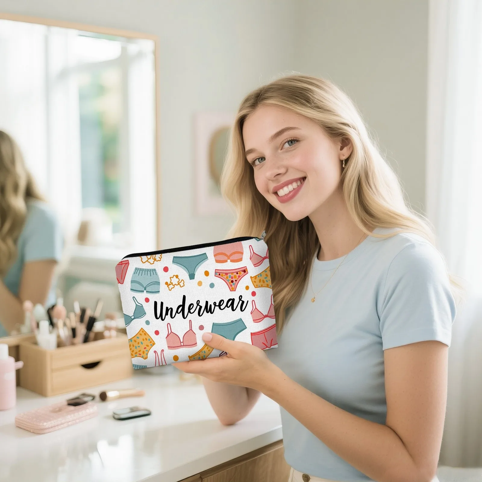 Cheerful Feminine Underwear & Bras Print Makeup Pouch -for Daily Use & Travel Toiletry Organizer, Portable Cosmetic Bag