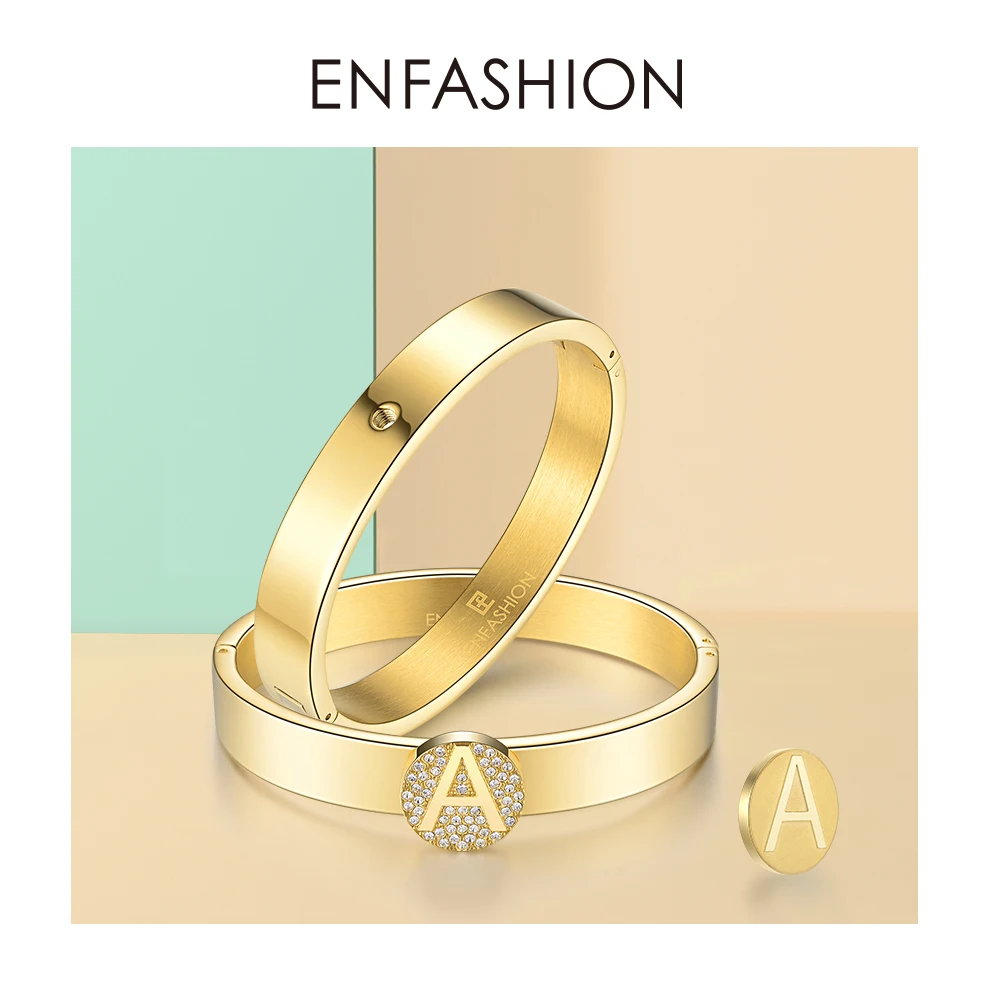 Enfashion Letter Initial Bangle Bracelet Stainless Steel Gold Color Cuff Bangles Bracelets Fashion Jewelry For Women 188005