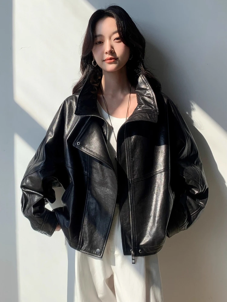 Oversize Genuine Leather Motorcycle Jacket for Women Spring Autumn High-end Simple Casual Soft Short Oil Wax Real Sheepskin Coat