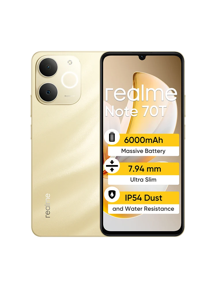 Europese versie van de realme Note 70T-smartphone: 6,75 inch, 90 Hz-scherm, 6000 mAh-batterij, 13 MP AI-camera, octa-core-chipset, IP54 - afbeelding 2