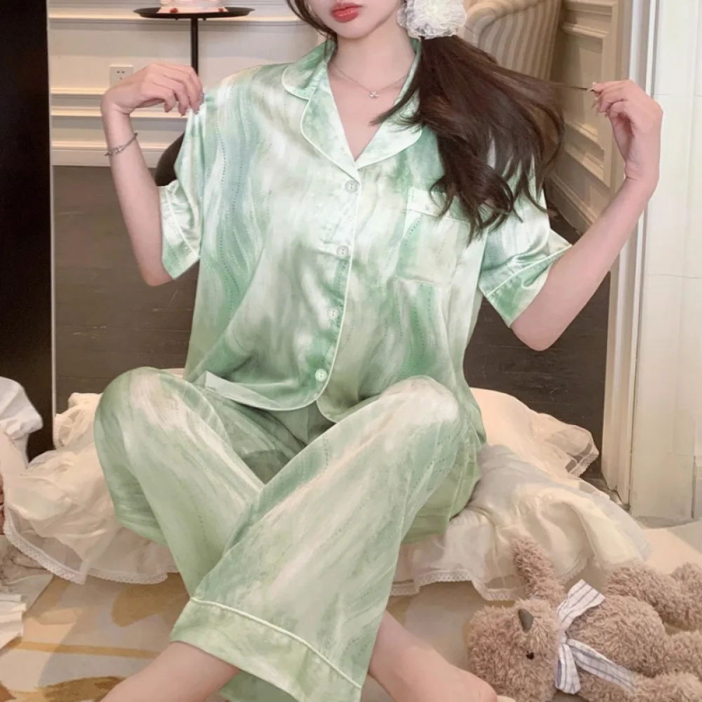 Women Casual Pajamas Sleepwear Faux Silk Satin Pajama Set Nightgowns Top & Pants Nightclothes 2 Pieces Set Loungewear Outfits