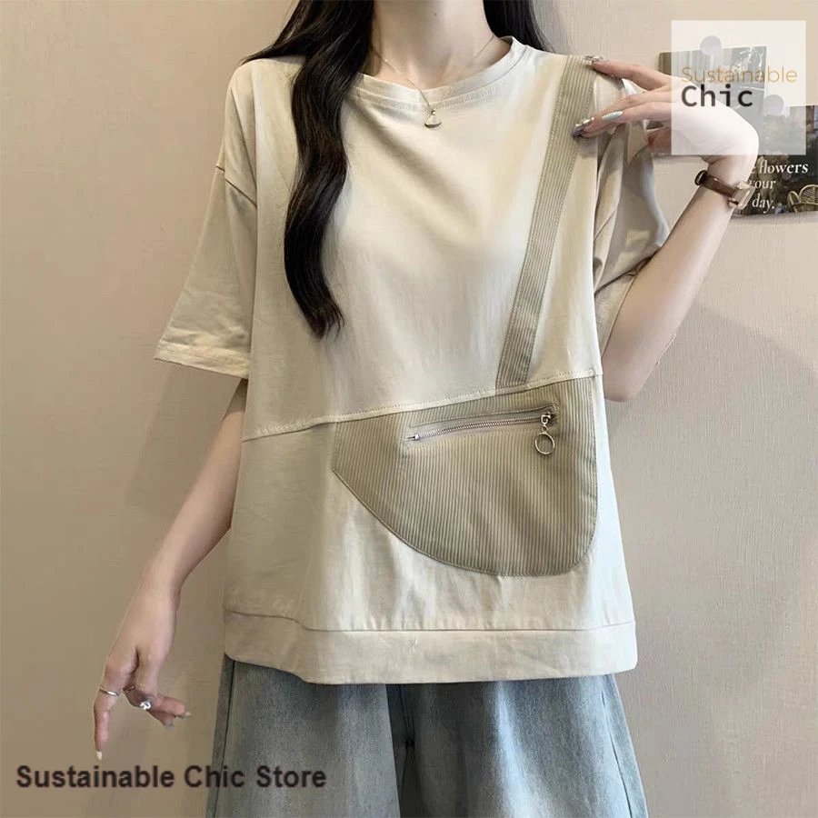 

Korean fashion design top summer new short-sleeved age-reducing T-shirt casual Joker loose zipper pocket blouse women clothing