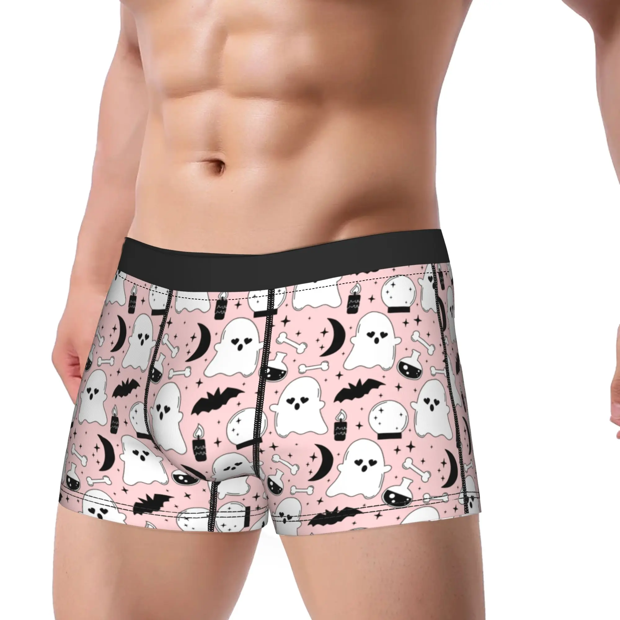 Men Cartoon Pink Halloween  Long Underwear Ghost Bats Bones Novelty Boxer Briefs Shorts Panties Male Breathable Underpants M-XXL