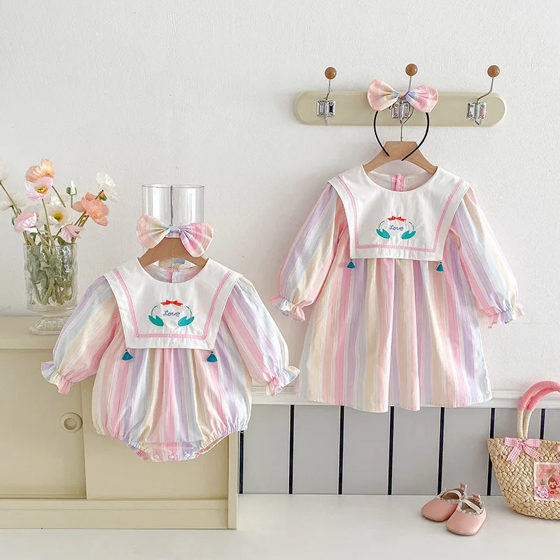 2025 New Spring Baby Girls Clothes Romper Girl Princess Dress Fashion Long Sleeves Rainbow Stripe Sisters Dresses Kids Clothing