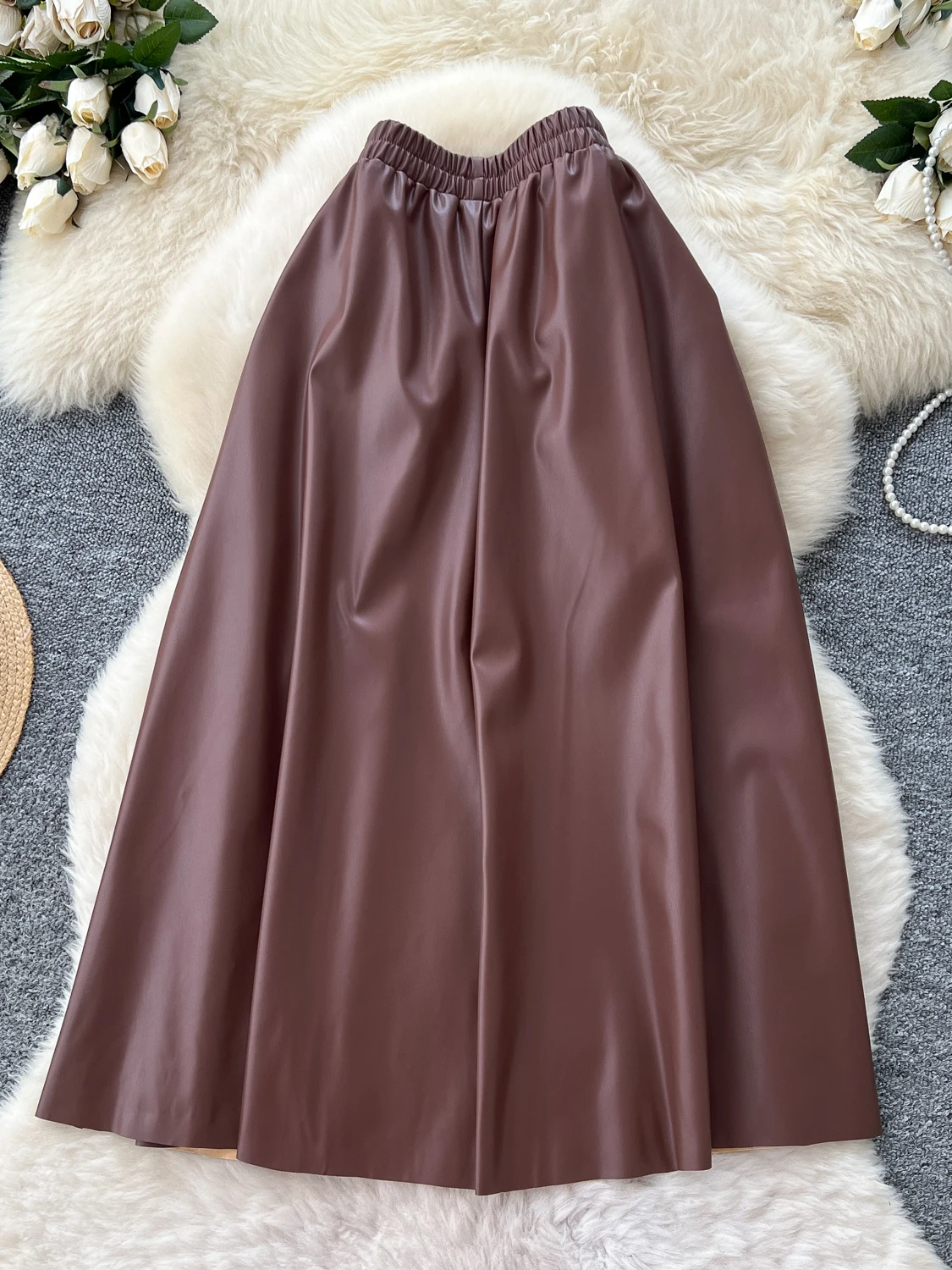 

Korean Sle High Waist A-Line Leather Skirt Women's Faion Elastic Waist f-length Slimming Midi Dr Versatile Skirts