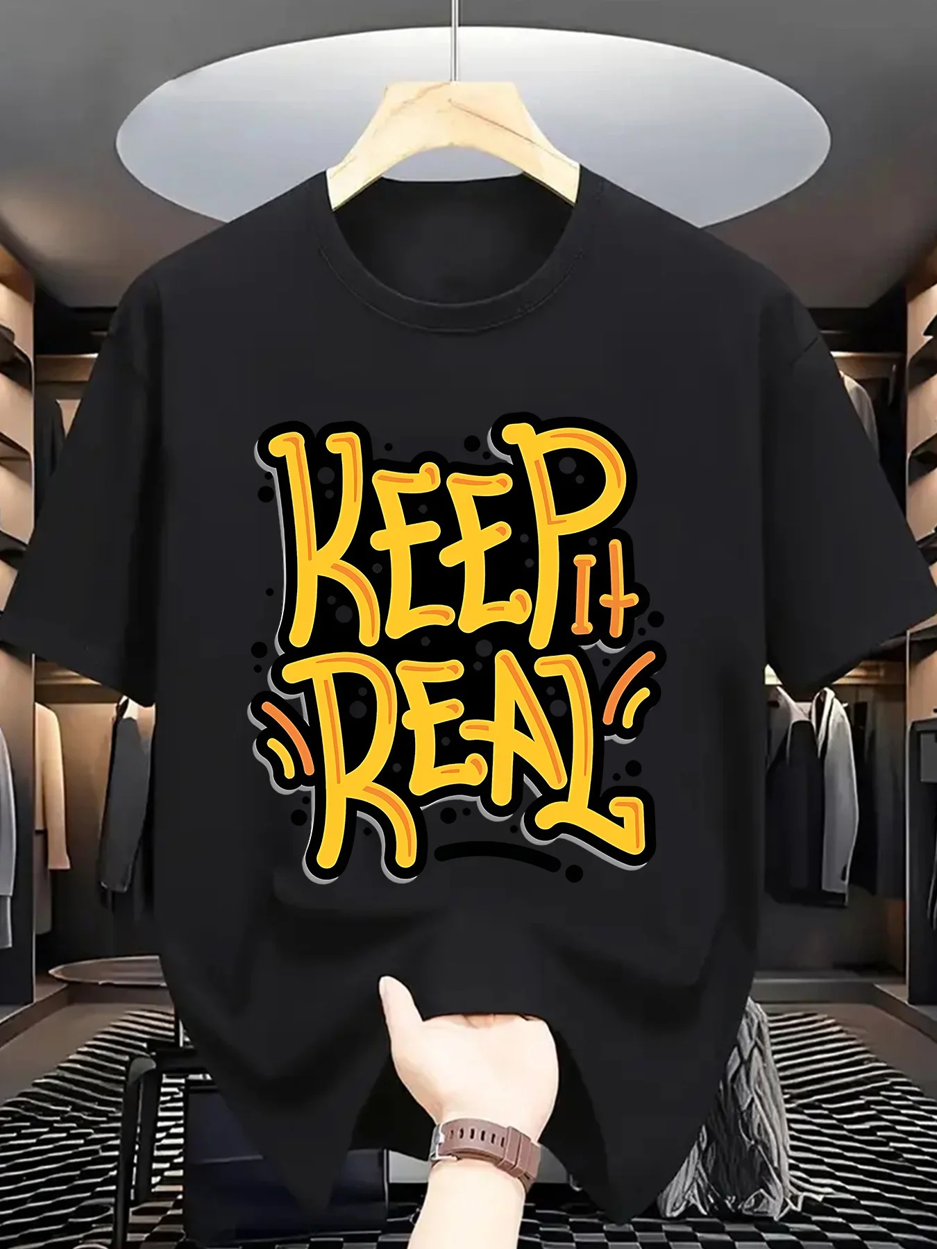 

Keep It Real Printed Men's U-Neck T-Shirt, Street Style Casual Comfortable for All Seasons, Unisex for Young Men and Women