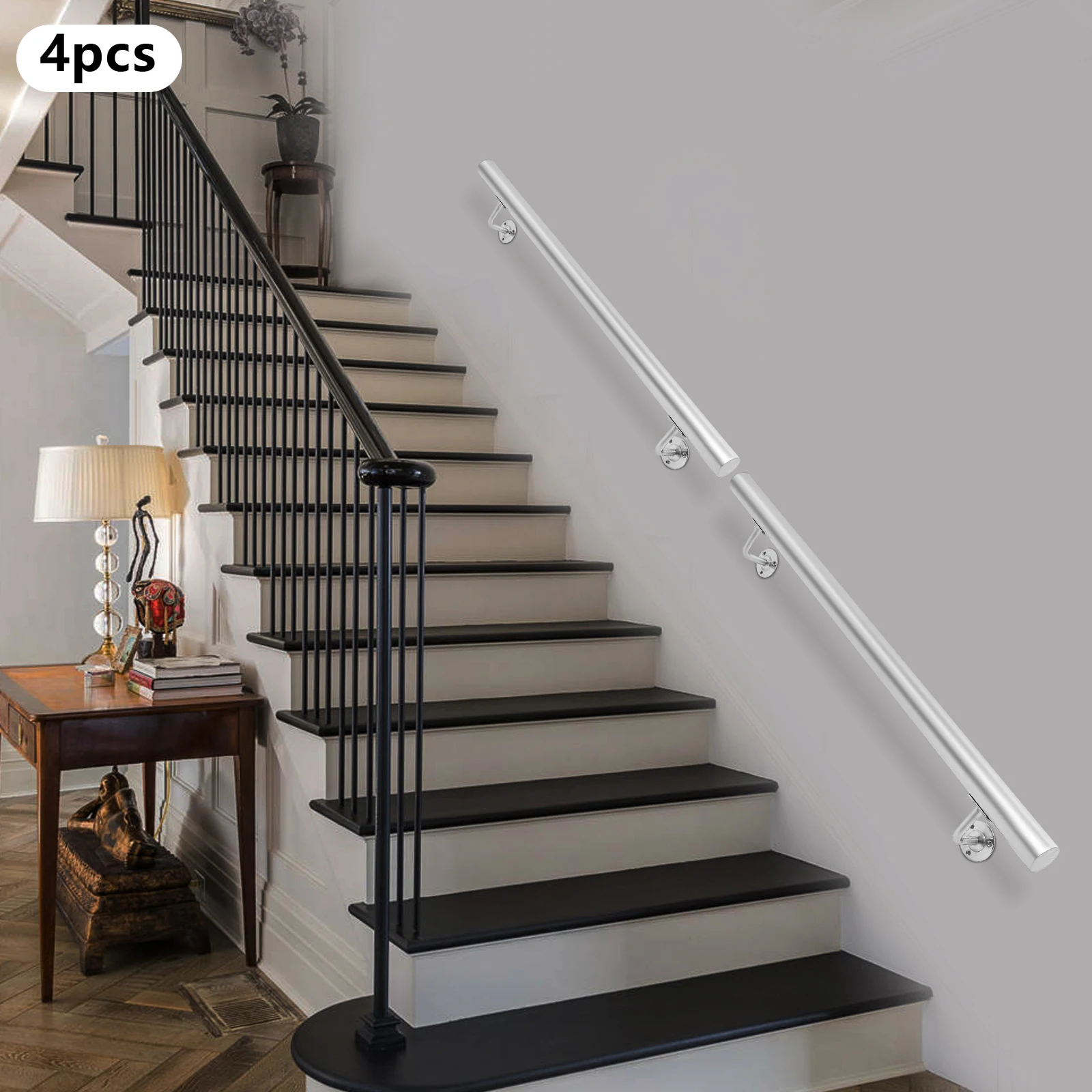 

Silver Stainless Steel 12FT Cylindrical Stair Handrail Load 200 Pounds Wall Railing Anti-skid Guardrail