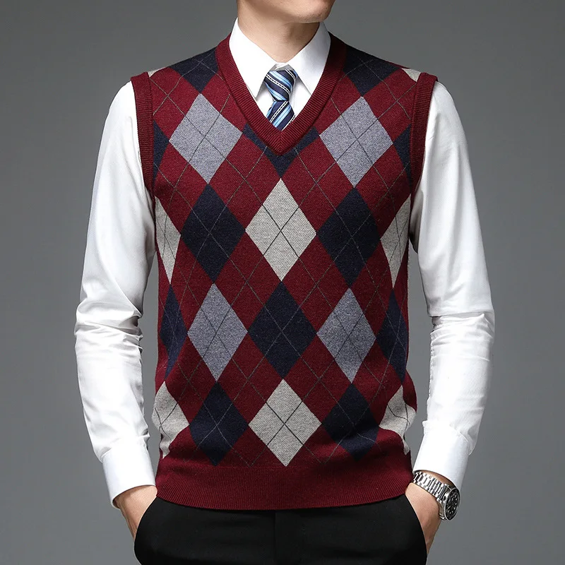 Middle Aged Men\'s Casual Vintage V-neck Sweater Tank Plaid Printed Patchwork Screw Thread Loose Jacquard Sleeveless Knitted Top