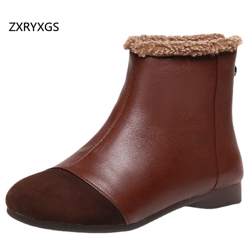 ZXRYXGS Premium Cowhide Spell Color Splicing Women Fashion Boots Comfortable Soft Flat Boots 2025 Big Size Autumn Winter Boots