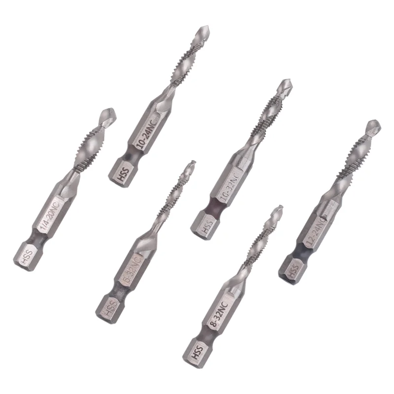 

AA14 New 6Pcs Drill Tap Set Hex Shank SAE Combination Drill And Tap Bit Set HSS 4341 Screw Tap Deburr Drill Bit