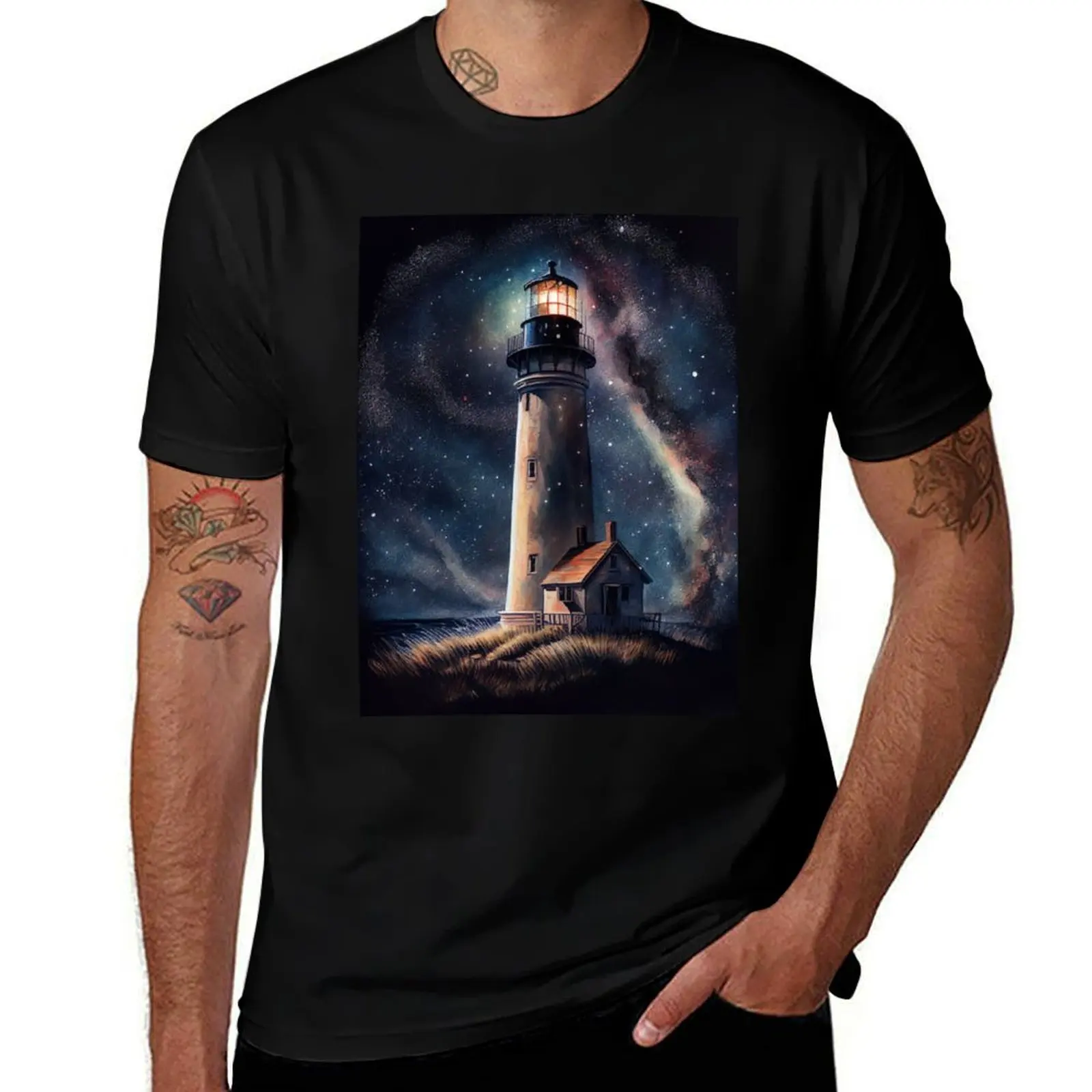 The starry lighthouse, Lighthouse Watercolor Painting T-Shirt Soft Anti-Shrink Cotton Tee T-Shirt