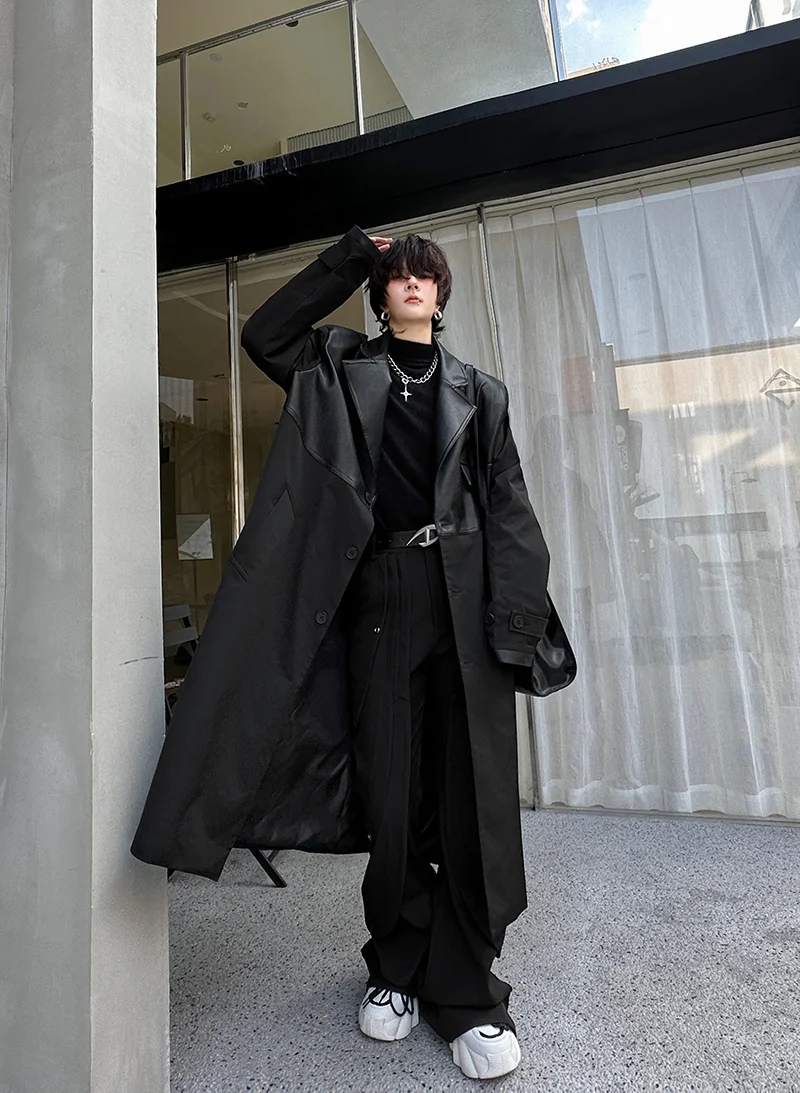 

Cool Sle Men's Mid-Length PU Leather Overcoat Autumn Winter Faion Trendy Street Sle Knee-High Coat Youth lar