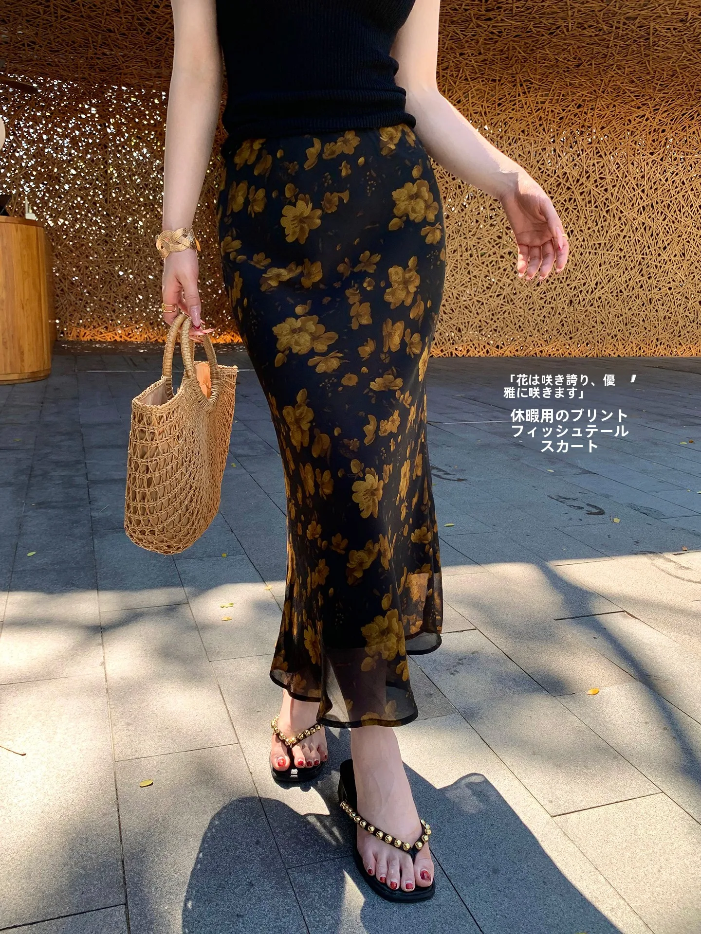 

Юбка-русалка Lin Guan из черного шифона с принтом, женская летняя винтажная юбка с завышенной талией, облегающая, с цветочным узором, длинная, для отпуска