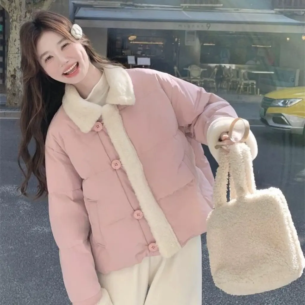

Blue Lamb Wool Patchwork Cotton Jacket Winter Thickened Short Warm Loose Puffer Coat for Women In-Stock