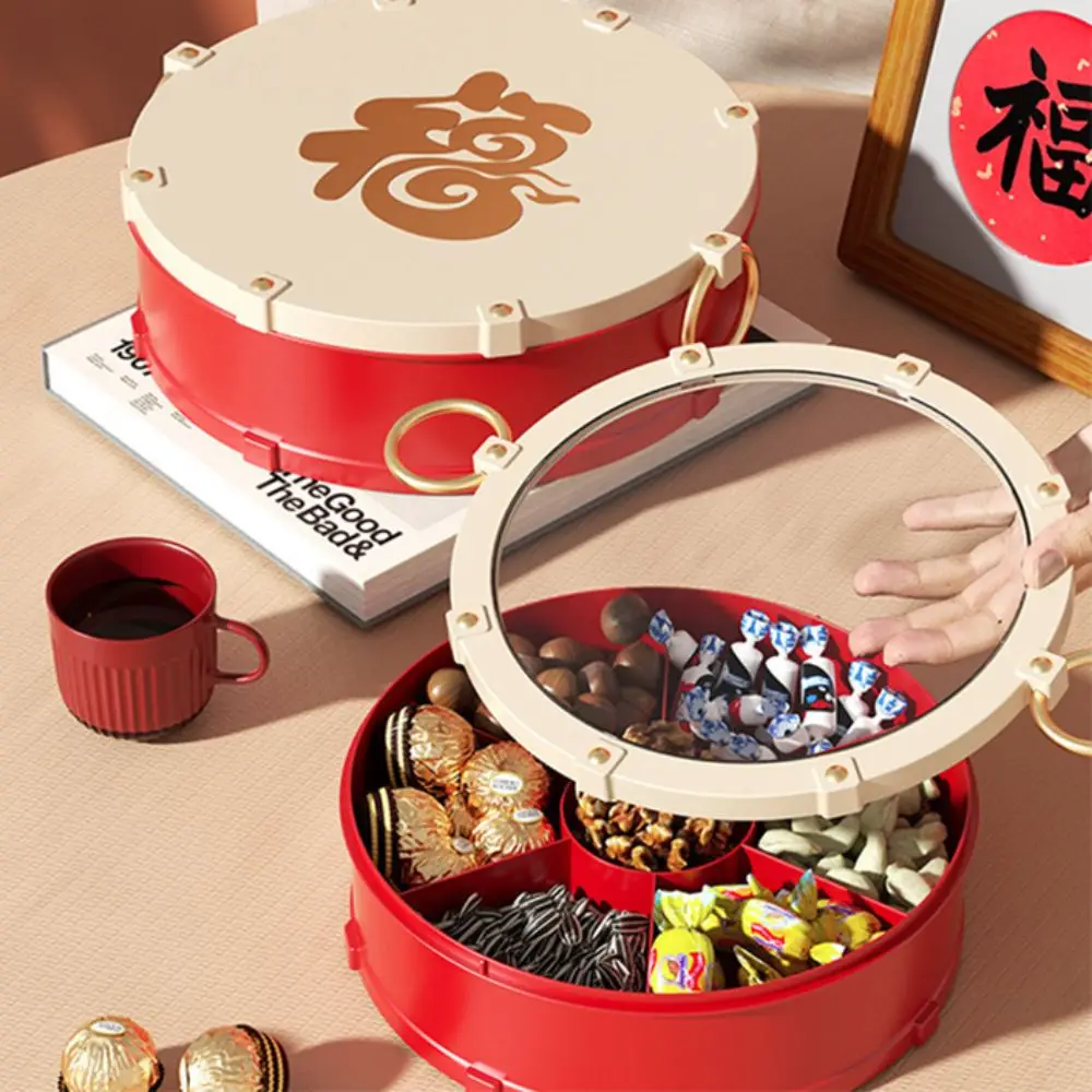 

High-end 7-Compartment Drum Shape Nut Serving Tray Round Dustproof New Year Candy Box with Lid Sealed Fruit Plate Wedding