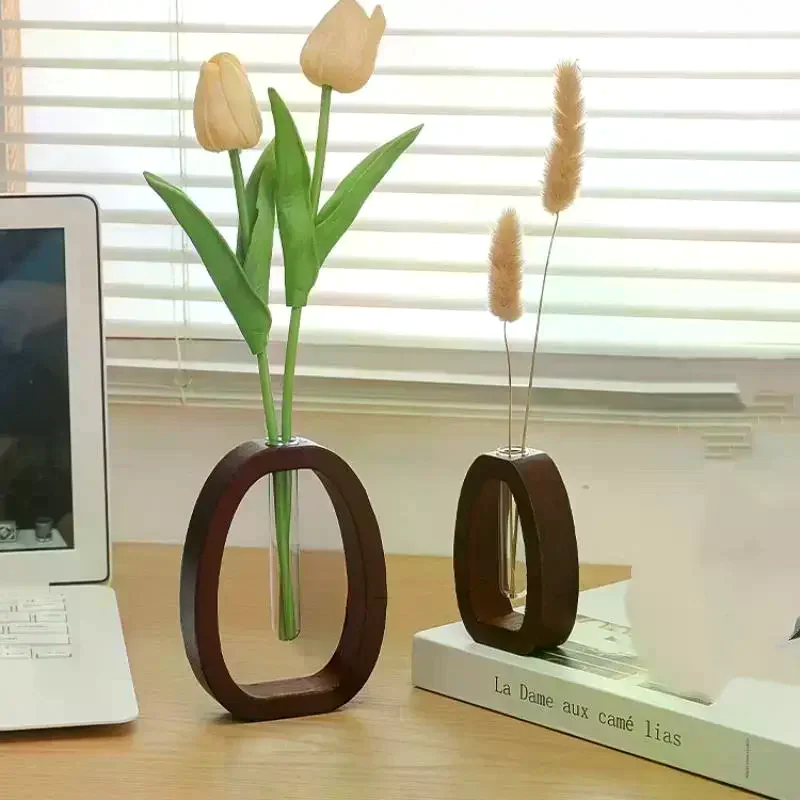 Vase Hydroponic Test Tube Shape With Wooden Stand Clear Flower Plants Vase Table Propagation Vase Home Desktop Decoration 1 Set