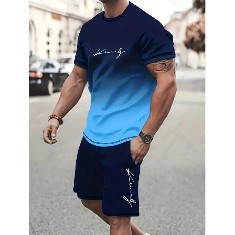 Summer Street Men\'s Sport Short Sleeve Men\'s Round Neck Clothing Printing T-Shirt Shorts Men\'s Simple Clothing Fashion Tracksuit