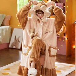 Winter Flannel Pajamas Sets For Women Cute Sweet Pyjamas Hooded Nightgown Suits Thicken Warm Sleepwear Long Sleeve Homewear