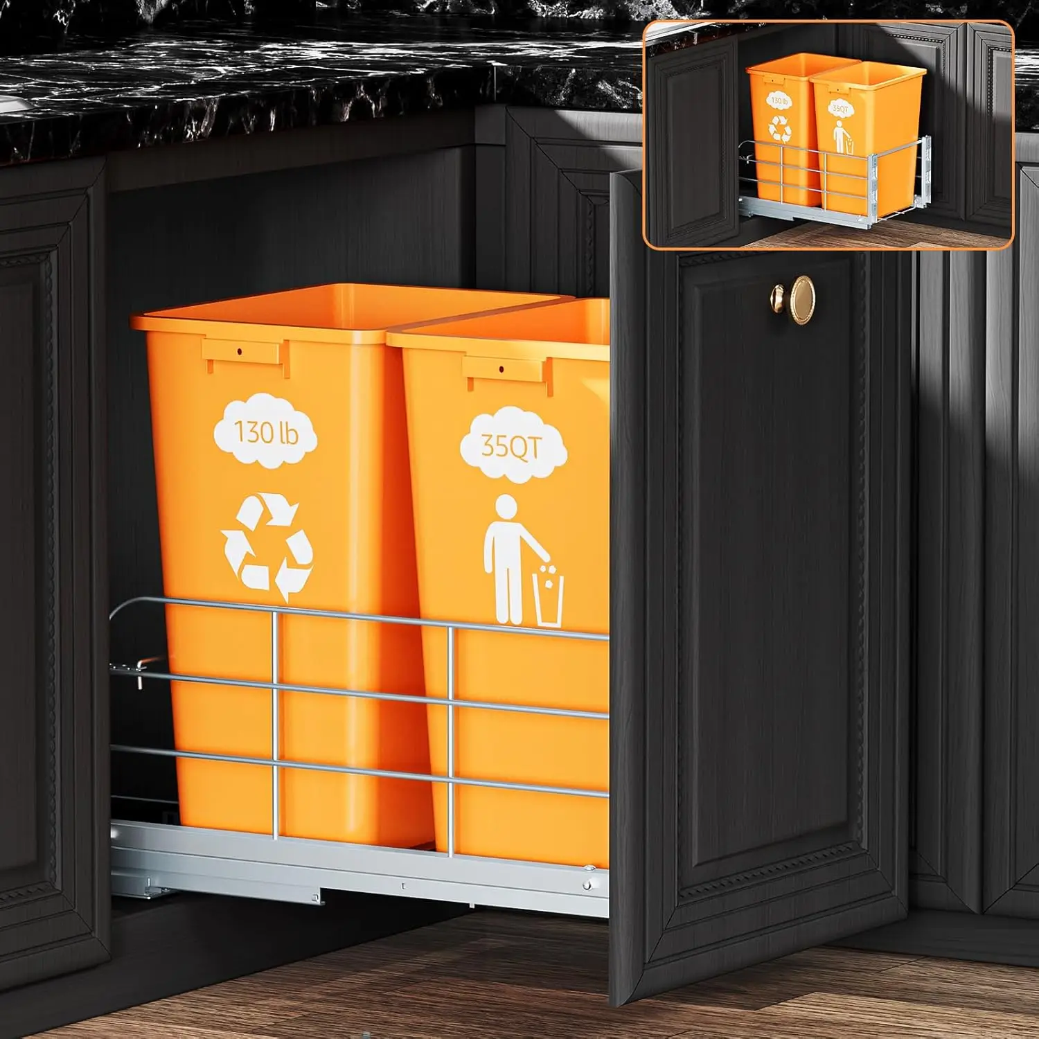 

Double Pull Out Trash Can Under Cabinet with Soft Close Slides 130LB HD Under Sink Trash Bin Kit with Door or Base Mount,