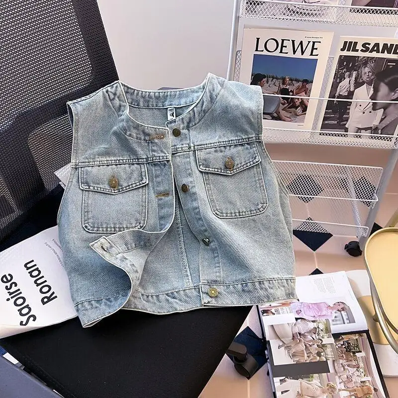 Women 2024 Summer Edition American Gradient Denim Jacket Women's Retro workwear Style slimming short top