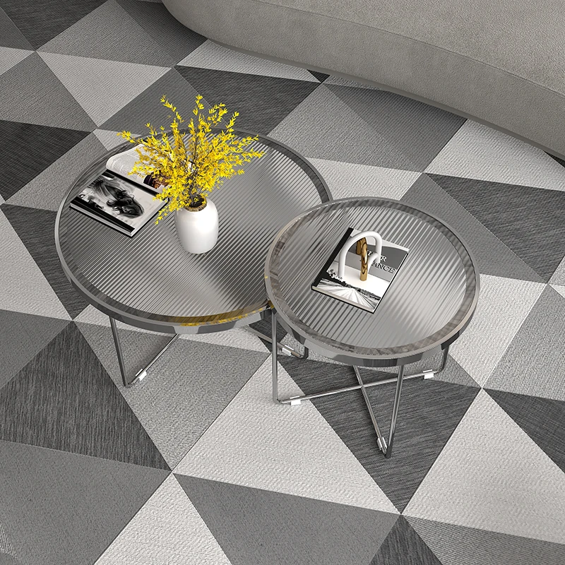 Light luxury stainless steel tempered glass mother and child coffee table Korean small apartment round edge few living room