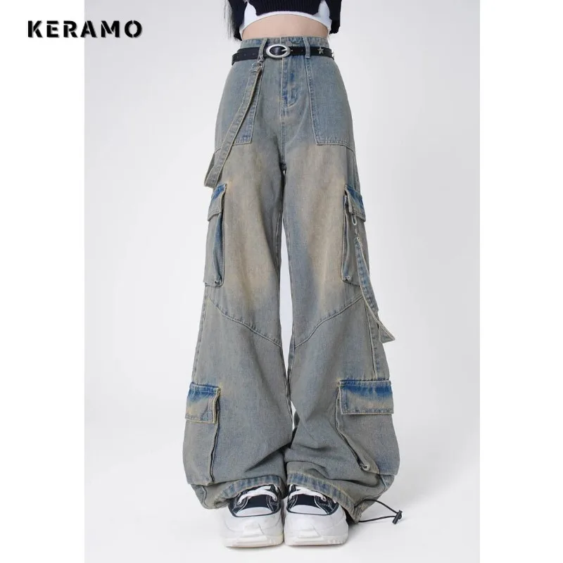 American Retro High Waist Oversized Jeans For Women Casual Baggy Y2K Pockets Pants Wide Leg Grunge Streetwear Blue Denim Trouser