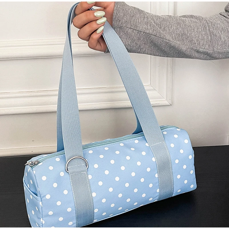 Gepunktete Schultertasche in langem Zylinderformat, Damen-Handtasche mit Tragegriff, zylindrische, leichte, schicke Tragetasche für den Arbeitsweg – Detail 21