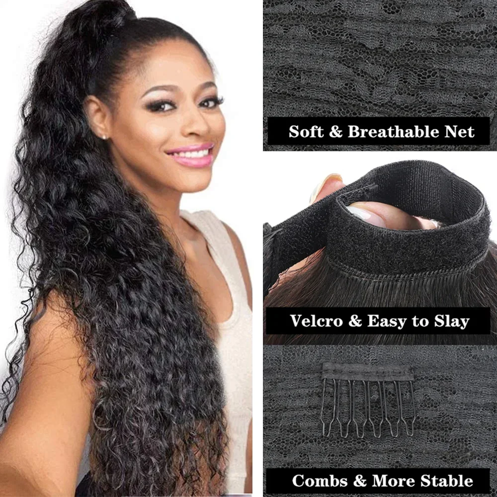 Curly Human Hair Strap Ponytail Extensions 100% Unprocessed Brazilian Hair Wrap Around Ponytails Magic Paste with Comb Clip in