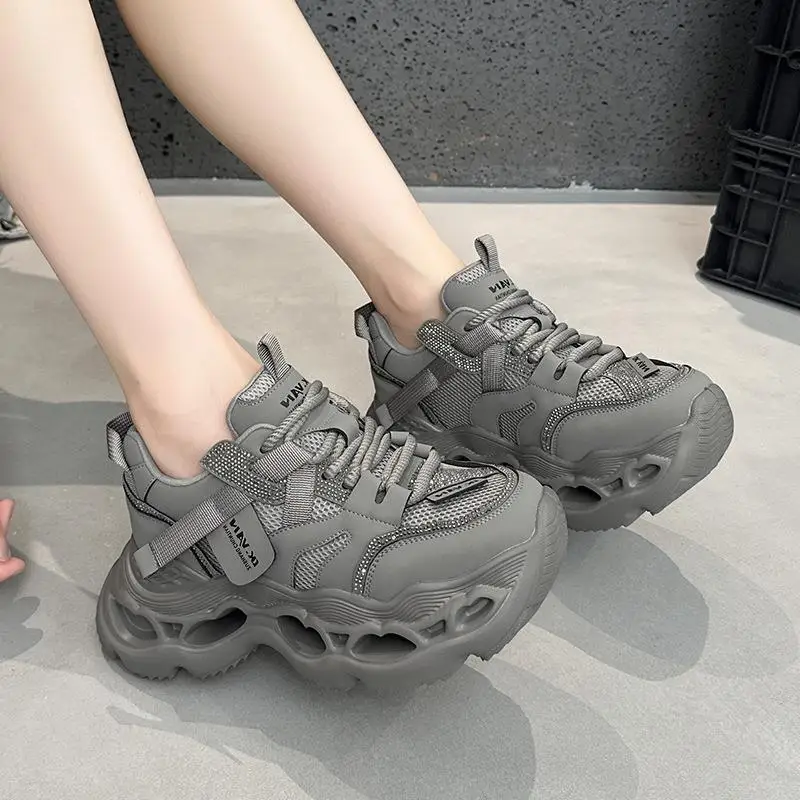 

Casual Sporty Leather Shoes with Thick Bottom Breathable Mesh Diamond Studded Flat Laced Women's Footwear for Daily Use
