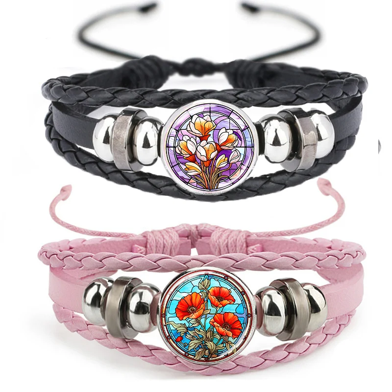 العصرية زهرة أساور للرجال النساء الاكسسوارات الجلدية لطيف النباتات سوار أساور الفن الزجاج اليدوية والمجوهرات الهدايا