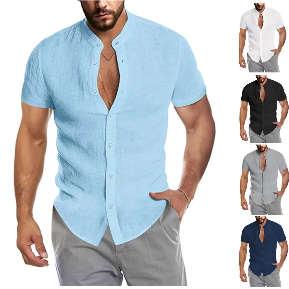 

New Hot Summer V-neck Linen Fashion Cardigan Stand Neck Short Sleeved Men's Shirt Top