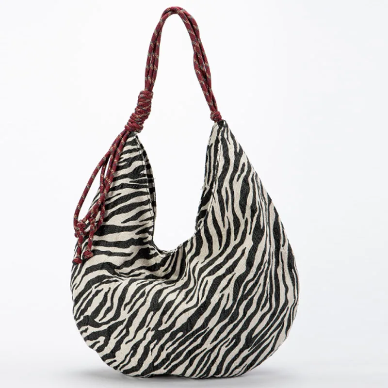 Large Capacity Printed Shoulder Bag 2025 New Product Retro Zebra Pattern Canvas Bag Crescent Bag Underarm Bag