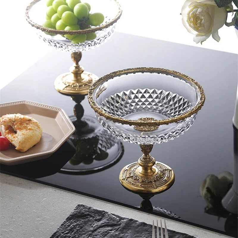 Crystal High Foot Storage Tray Brass Base Livingroom Ornaments Fruit Plate Elegant Luxury Home Coffeetable Dinnertable Storager