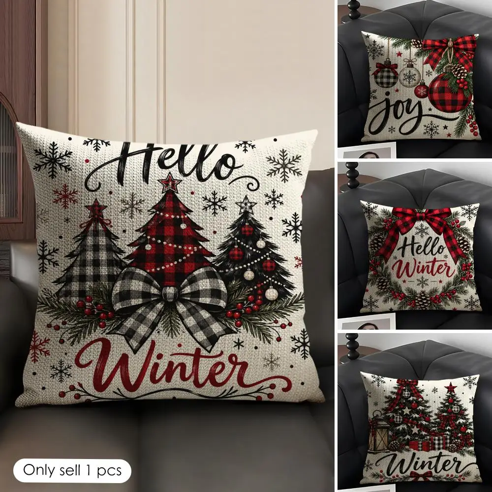 Red Merry Christmas Joy Cushion Cover Skin-Friendly Organic Linen Pillow Cover Durable Hypoallergenic Washable Soft