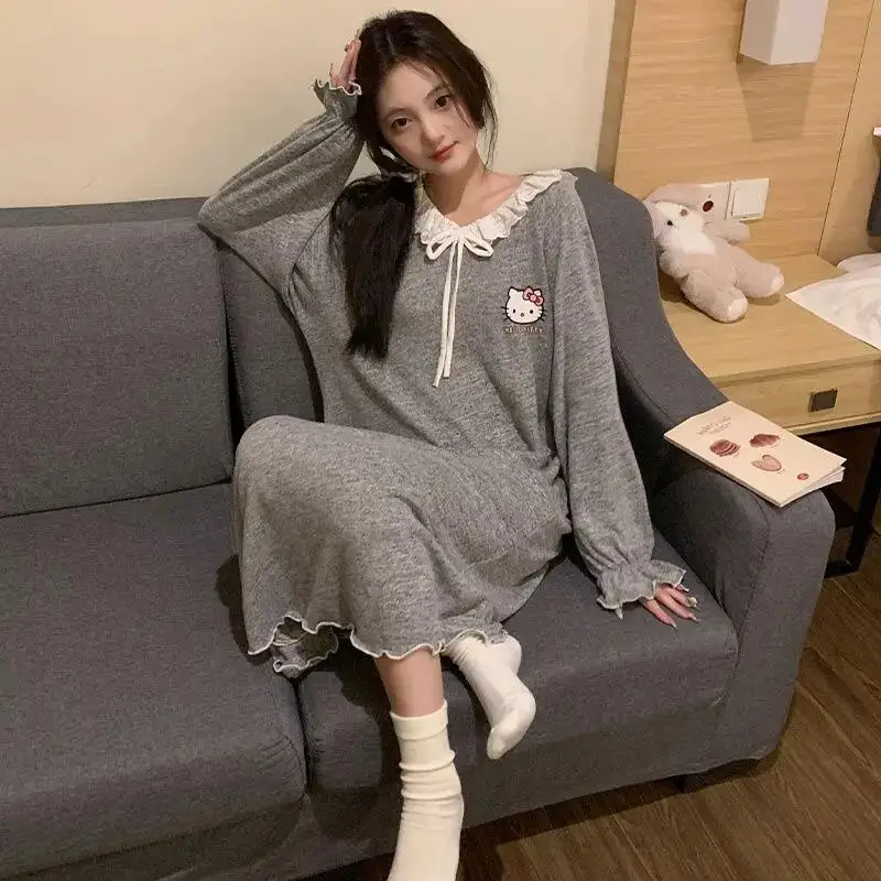 

Kawaii Hello Kitty Long-Sleeved Night Skirt Nightgown for Women Sanrio Anime Autumn Loose Home Clothes Sweet Girls Pajamas