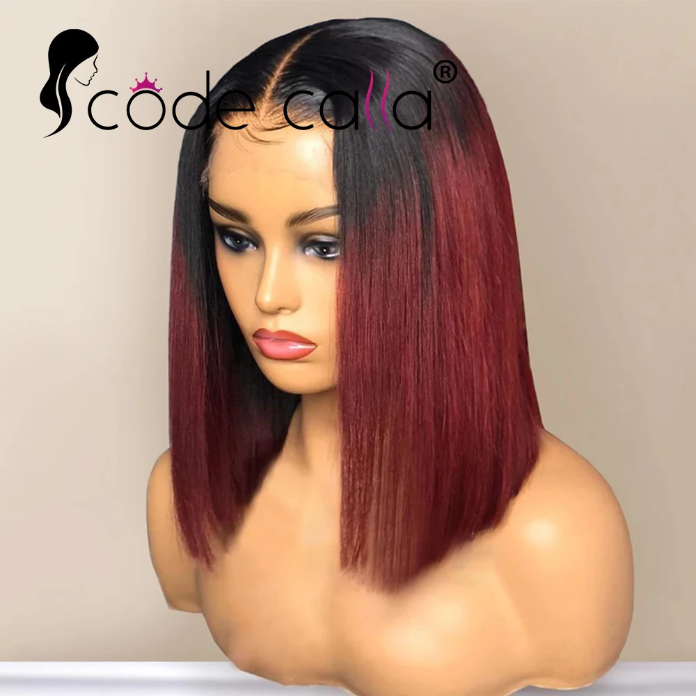 1B/99J Burgundy Short Straight Bob Human Hair Wigs Brazilian Lace Front Human Hair Wigs Pre Plucked T Part Lace Wigs Remy Hair