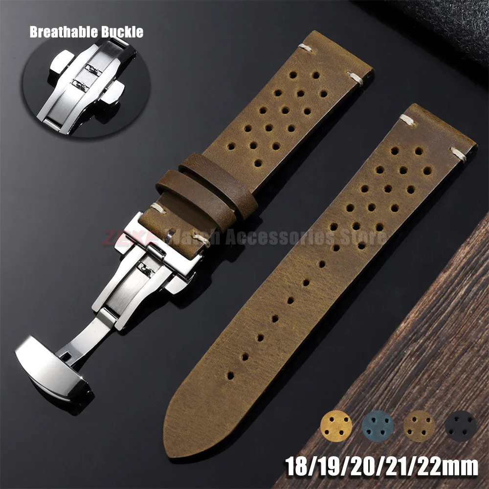 Bracelets de montre respirants et poreux de 18 mm, 19 mm, 20 mm, 21 mm, 22 mm, 24 mm, en cuir vintage de style racing pour Seiko, pour Rolex, bracelet de montre