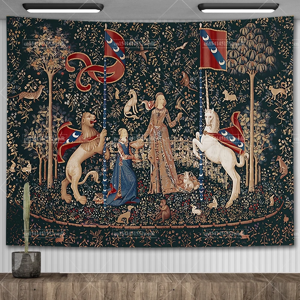 Lady And The Unicorn Tapestry Medieval Tapestry Wall Hanging Printed Home Decor Tapestries Background Room Covering For Bed