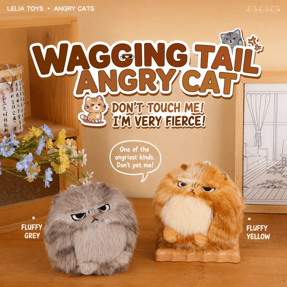 Pull Cord Wag Its Tail Angry Cat Keychain Pendant Cartoon Cat Squeaking Sound Key Ring Pendant Grey Yellow Bag Ornament